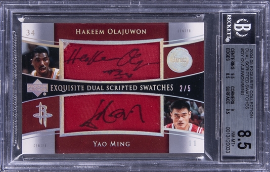 2004-05 UD "Exquisite Collection" Dual Scripted Swatches #OY Hakeem Olajuwon/Yao Ming Dual Signed Jersey Card (#2/5) - BGS NM-MT+ 8.5/BGS 9